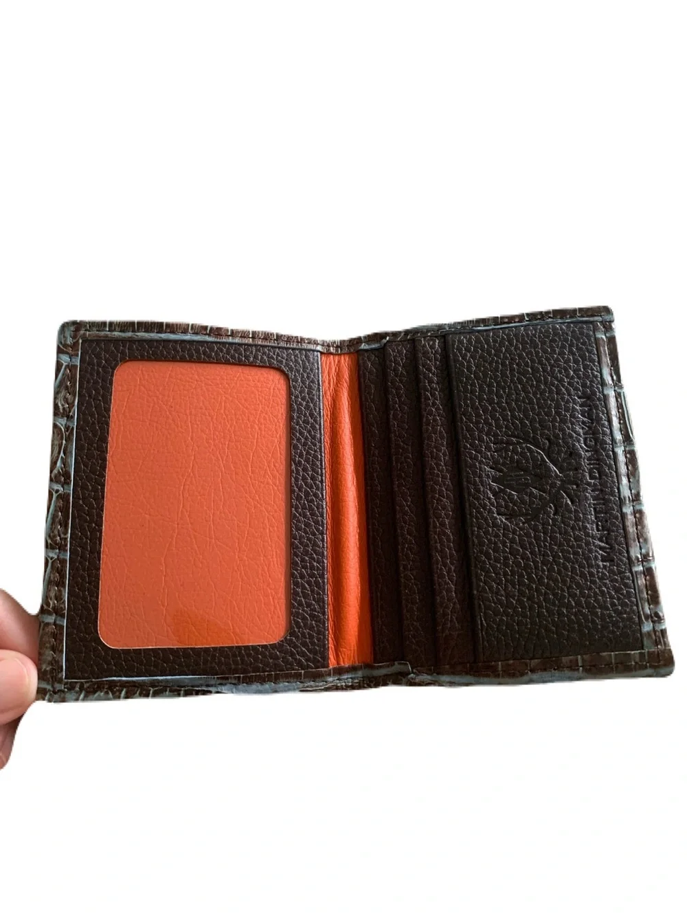 Martin Dingman Blue & Brown Matte Genuine Crocodile ID Card Case Wallet Exotic